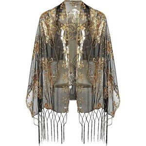 BABEYOND 1920s Sequined Peacock Shawl Wrap, Fringed Evening Cape for Weddings